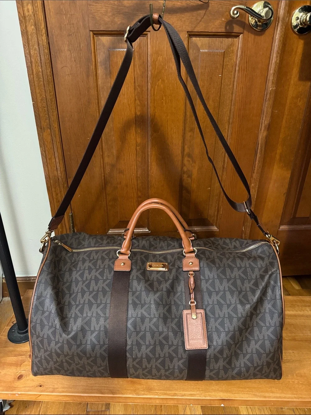 Michael Kors Brown Monogram Travel Duffel Bag with Tan Handles